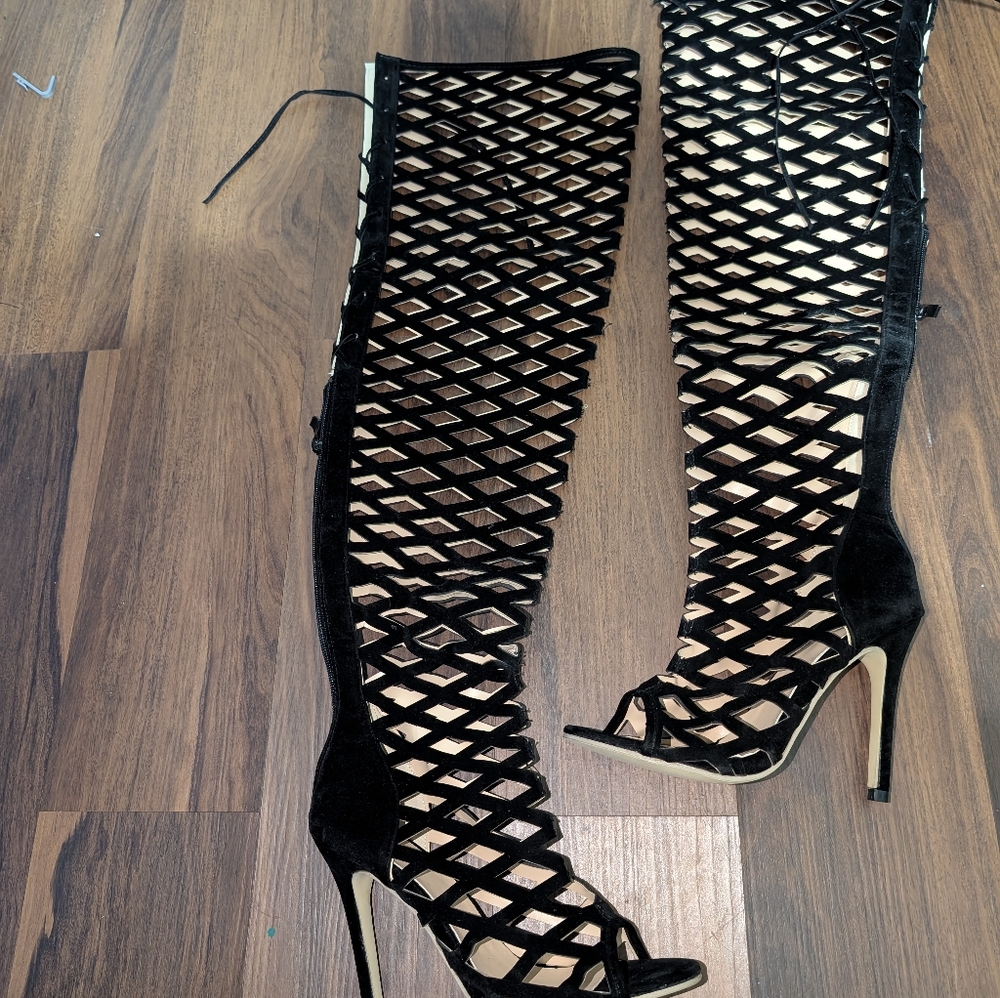 Black Lace-Up Over-the-Knee Heeled Sandals, Peep Toe